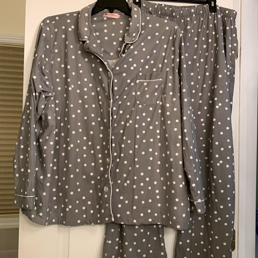 Pajama pants and button down shirt set, long sleeves.